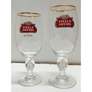 Stella Artois Beer Glasses Set‎ of 2 Gold Rimmed Chalice Barware 33cl 40cl